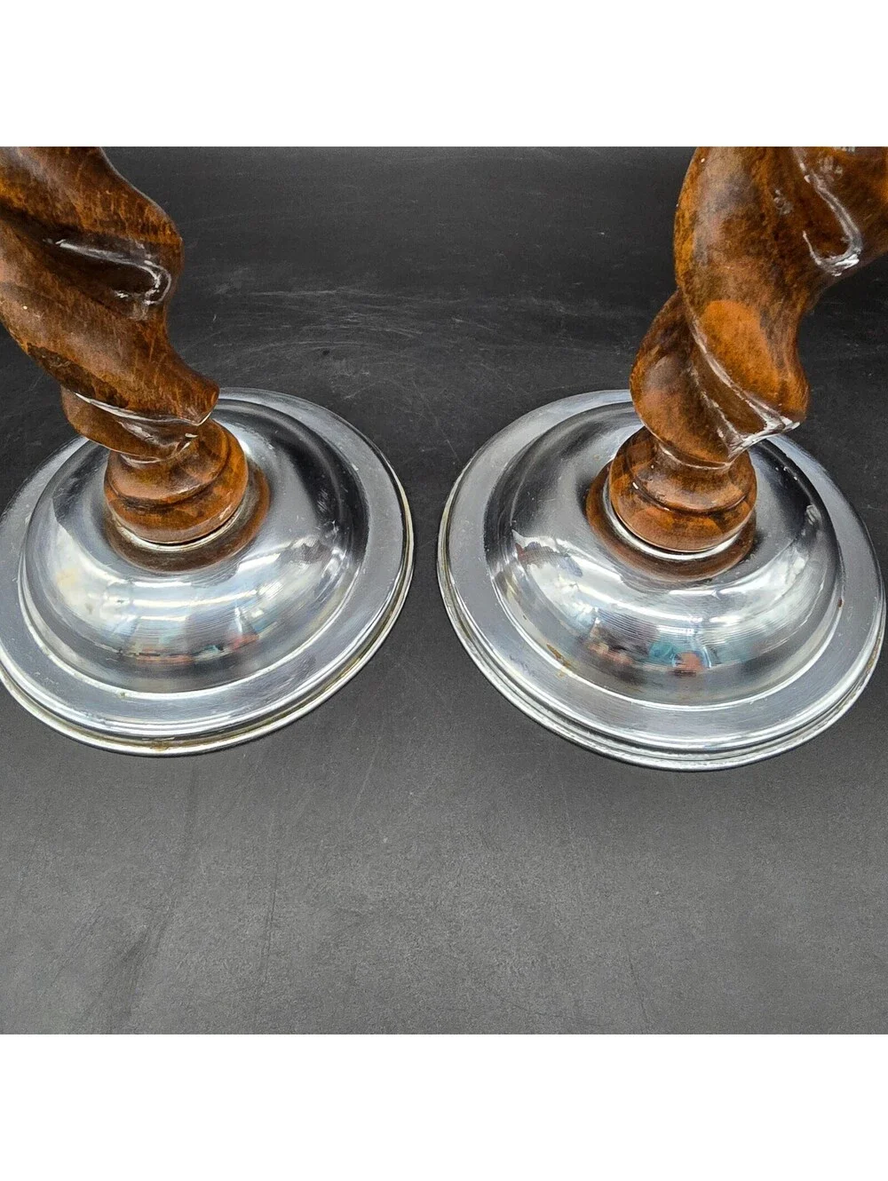 Vintage English Barley Twist Candlesticks Pair Oak Wood & Chrome Silver Art Deco